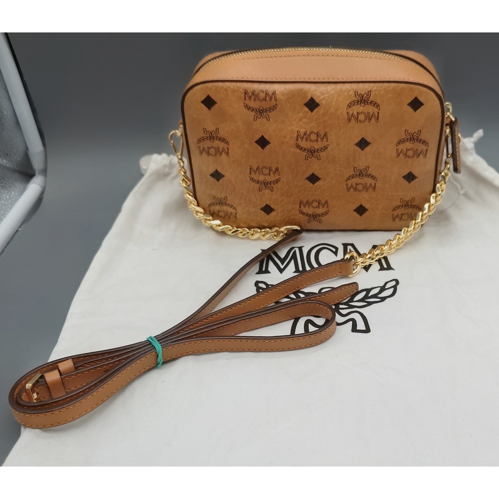 MCM Visetos Monogram Cognac Camera Crossbody Bag Small
